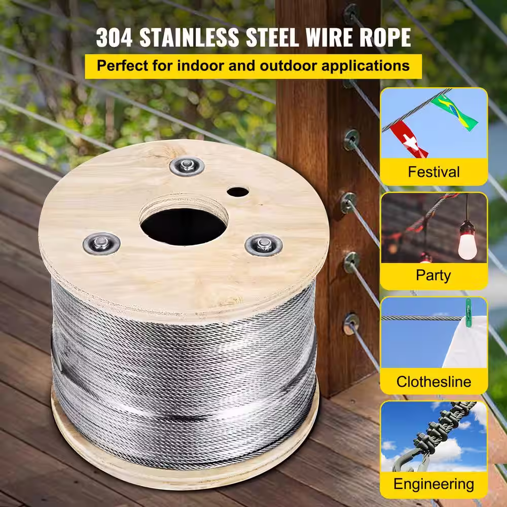 VEVOR 500 ft. x 3/16 in. Cable Railing Kit 3700 lbs. Load T304 Stainless Steel Wire Rope Winch with 7x19 Strand for Deck Stair