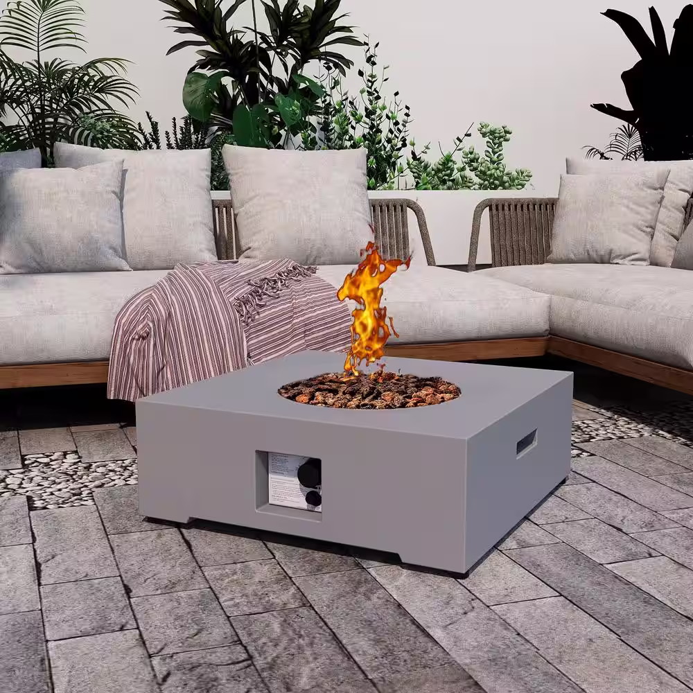 Uixe 30 in. x 11 in. Square Concrete Propane Gray Fire Pit Kit with PVC Weather Cover