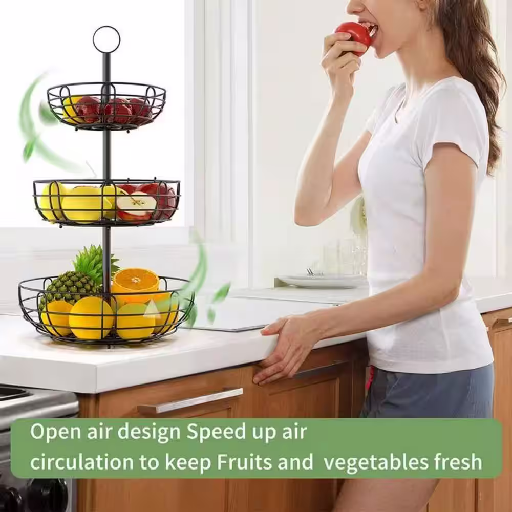 dubbin 3-Tier Round Fruit Basket with handle in Black