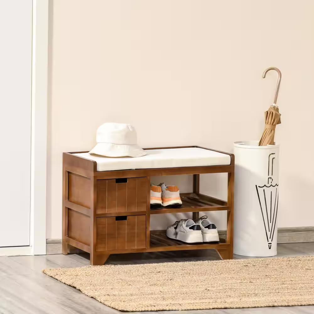 HOMCOM Compact Rustic Padded Wooden Shoe Storage Bench Organizer with Drawers