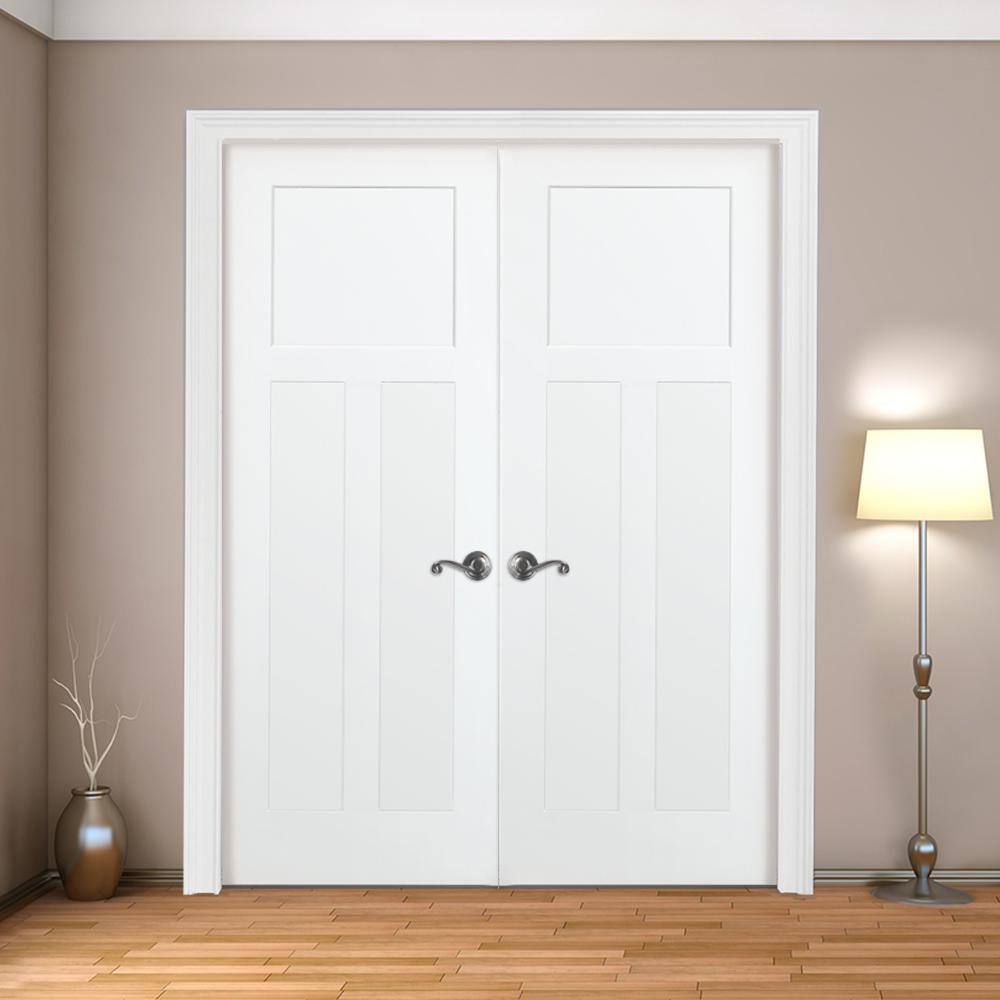 Steves & Sons 60 in. x 80 in. 3-Panel Mission Shaker White Primed Solid Core Wood Double Prehung Interior Door with Bronze Hinges