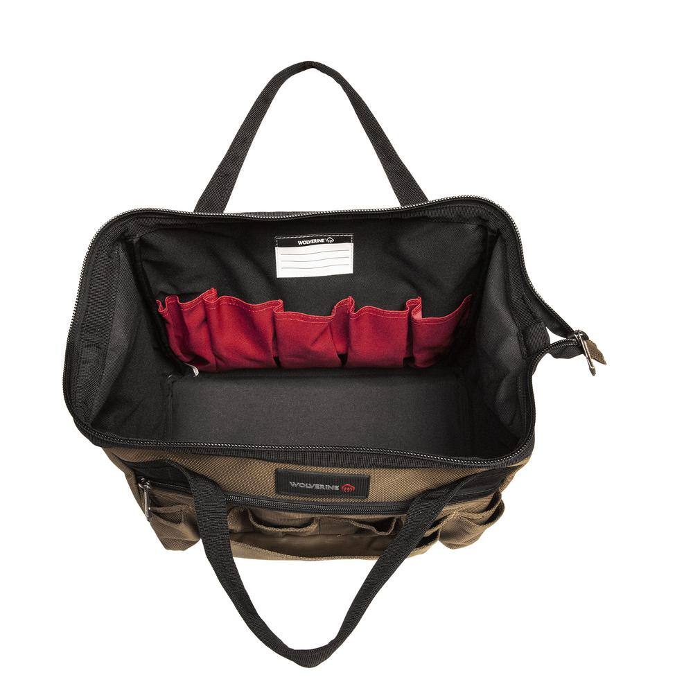 Wolverine 15 in. 29 Pocket Chestnut Industrial Grade Nailhead Nylon Tool Bag with Shoulder Strap