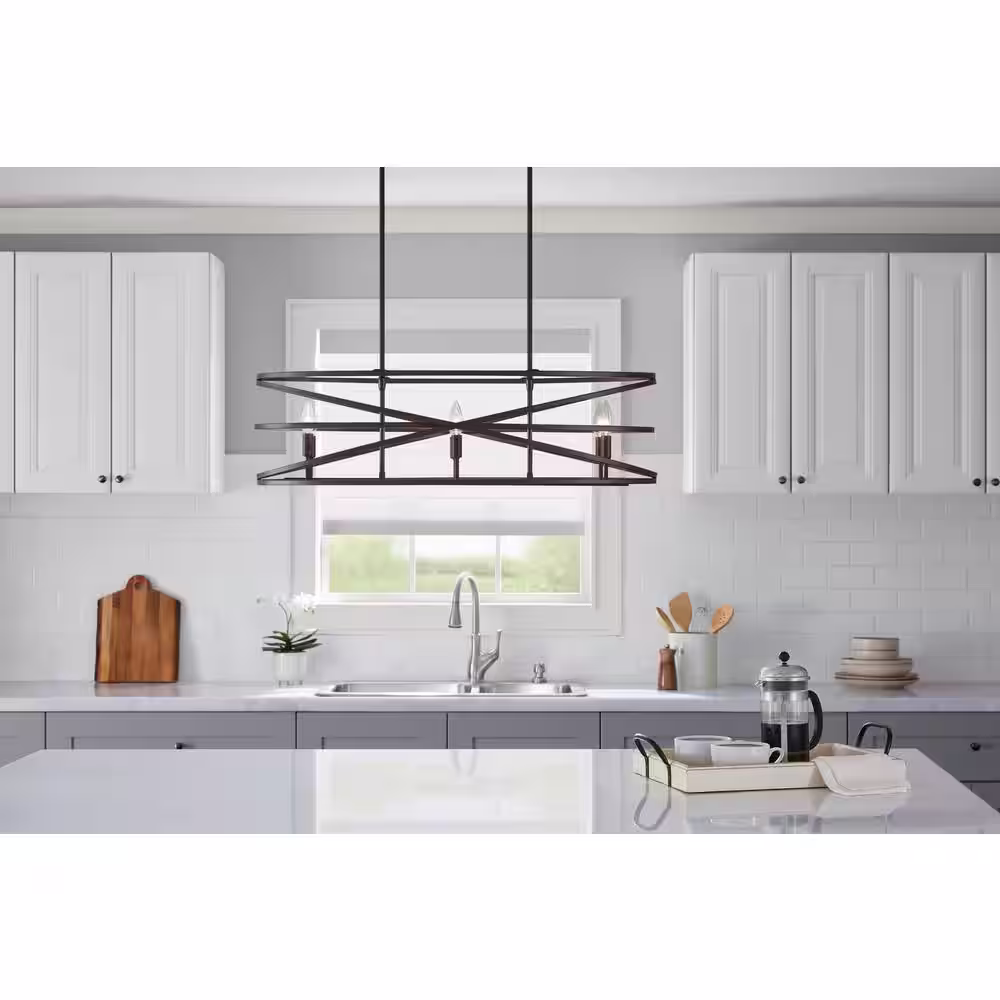 Home Decorators Collection Sarolta Sands 6-Light Black Kitchen Island Pendant Light Fixture with Linear Metal Shade