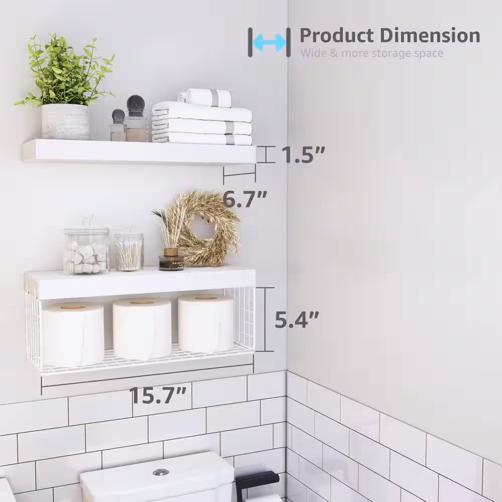 None 15.7 in. W x 6.7 in. D White Wood Bathroom Shelves Over Toilet Floating Farmhouse Set of 2 Decorative Wall Shelf
