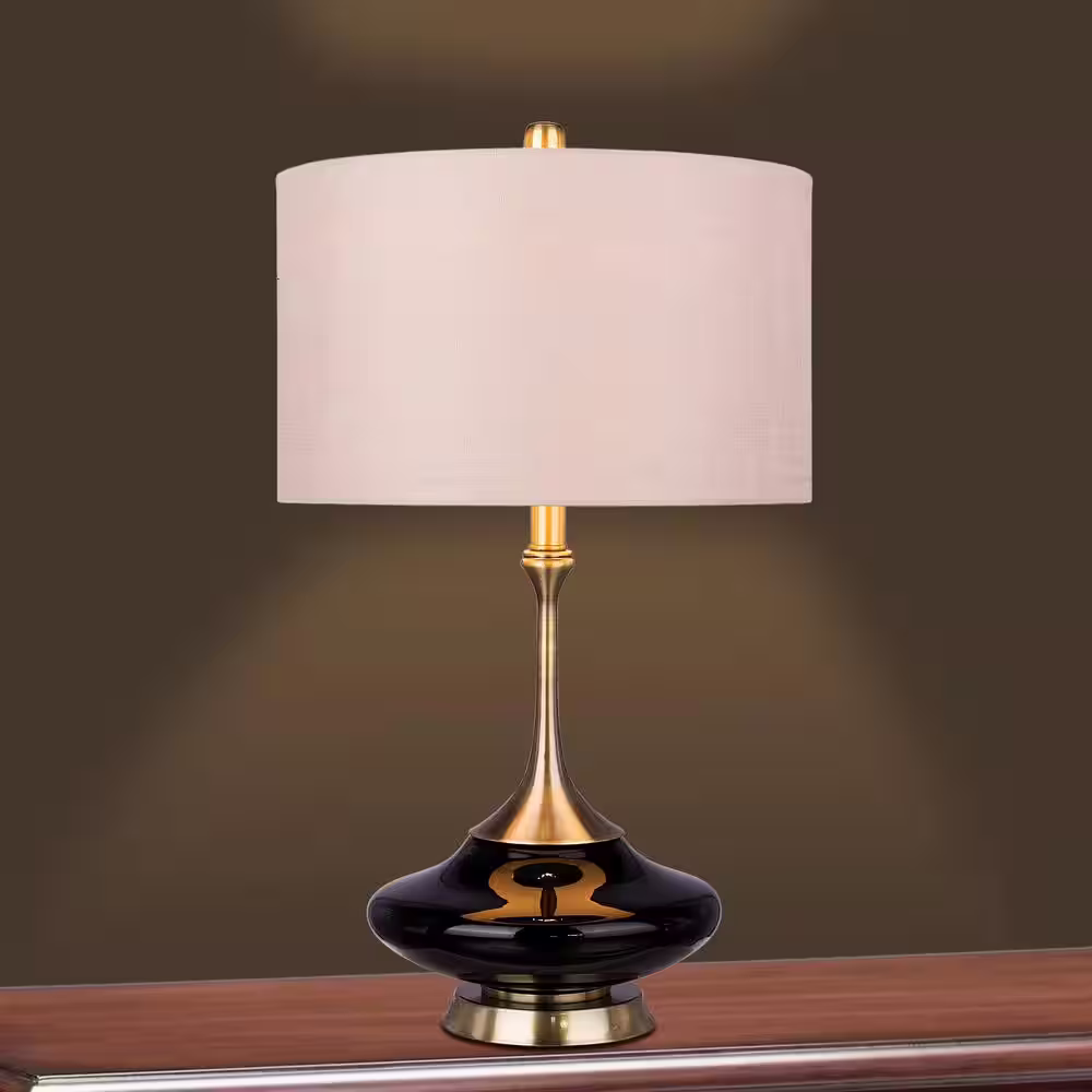 Fangio Lighting Retro 26.5 in. Black Glass and Antique Brass Metal Glass with Metal Table Lamp
