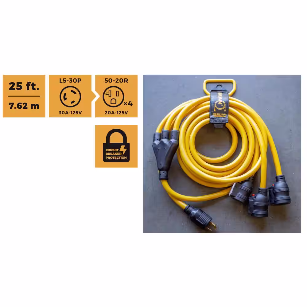 FIRMAN 25 ft. 125-Volt 30 Amp L5-30P to 3 Multi-Directional 5-20R Outlets Generator Power Extension Cord with Storage Strap