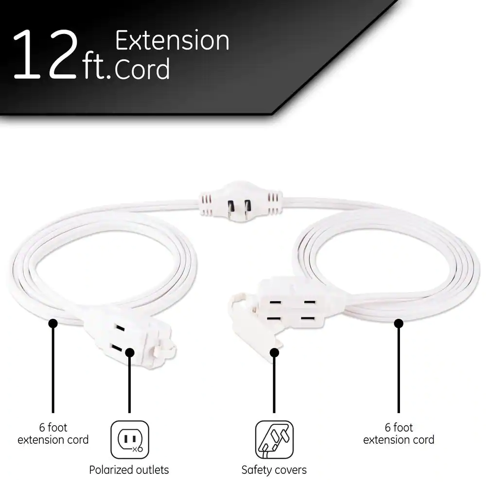 GE 12 ft. 16/3 AWG 6-Outlet Polarized Sofa Extension Cord, White