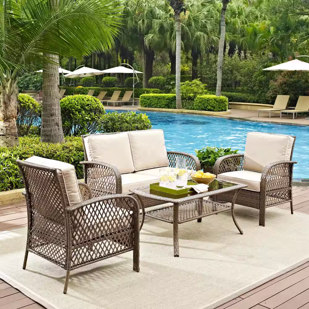 CROSLEY FURNITURE Tribeca 4-Piece Wicker Outdoor Patio Seating Set with Sand Cushions