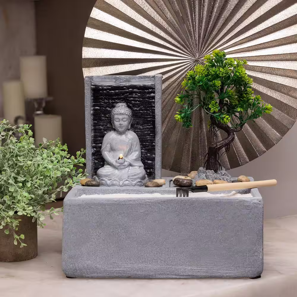 Alpine Corporation 13 in. Tall Buddha Zen Garden Tabletop Waterfall Fountain with LED Light, Gray
