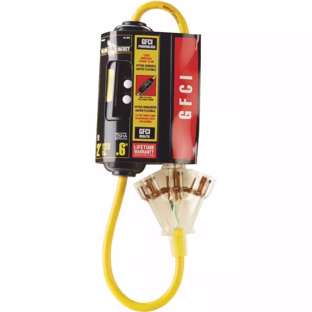Yellow Jacket 2 ft. 12/3 SJTW In-Line GFCI Heavy-Duty Cord with Multi-Outlet (3) Power Light Block