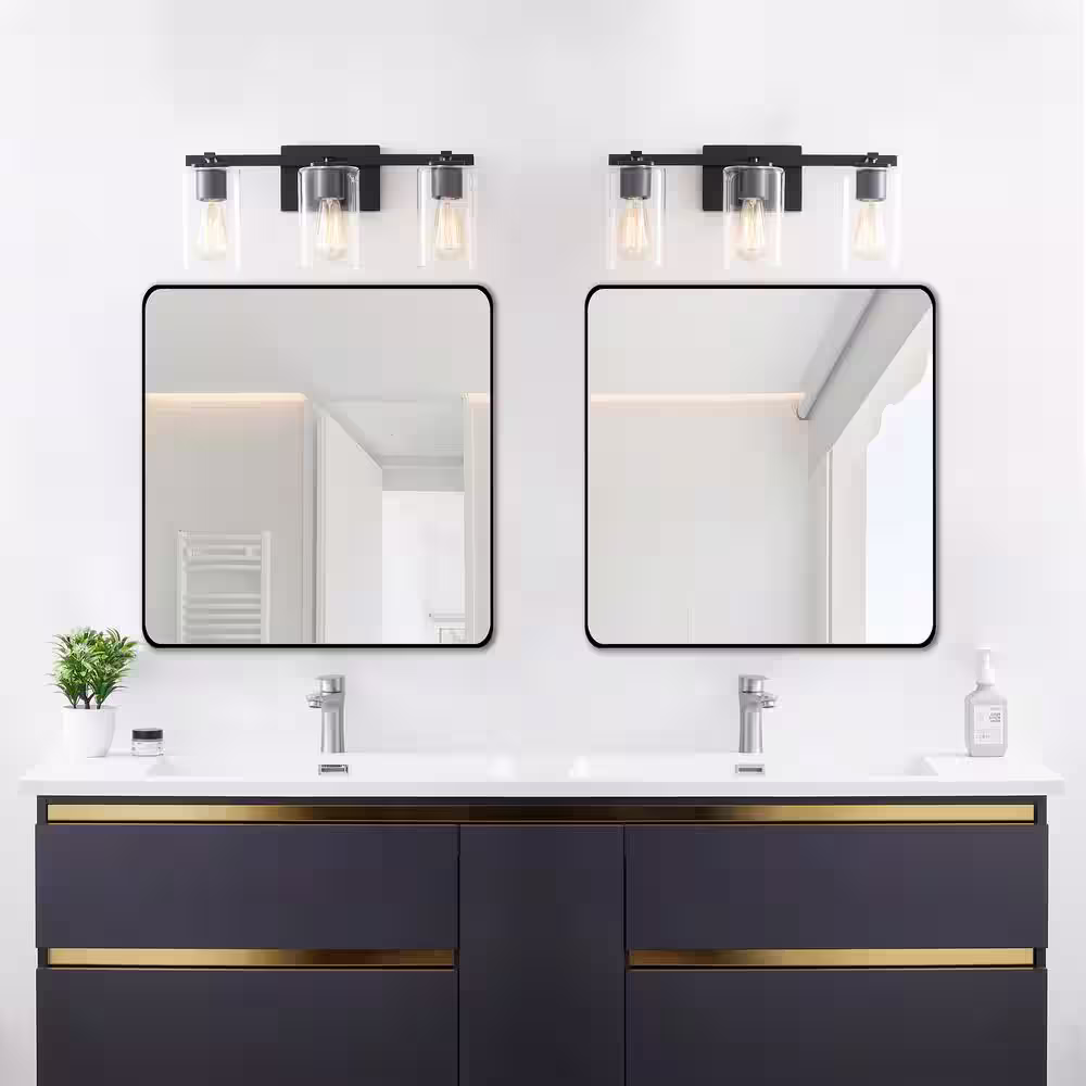 KAWOTI 20.75 in. 3-Light Black Bathroom Vanity Light with Square Glass Shades