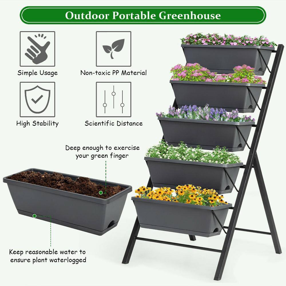 Costway 22.5 in. L x 27 in. W x 45 in. H Black Plastic Vertical Raised Bed 5-Tier