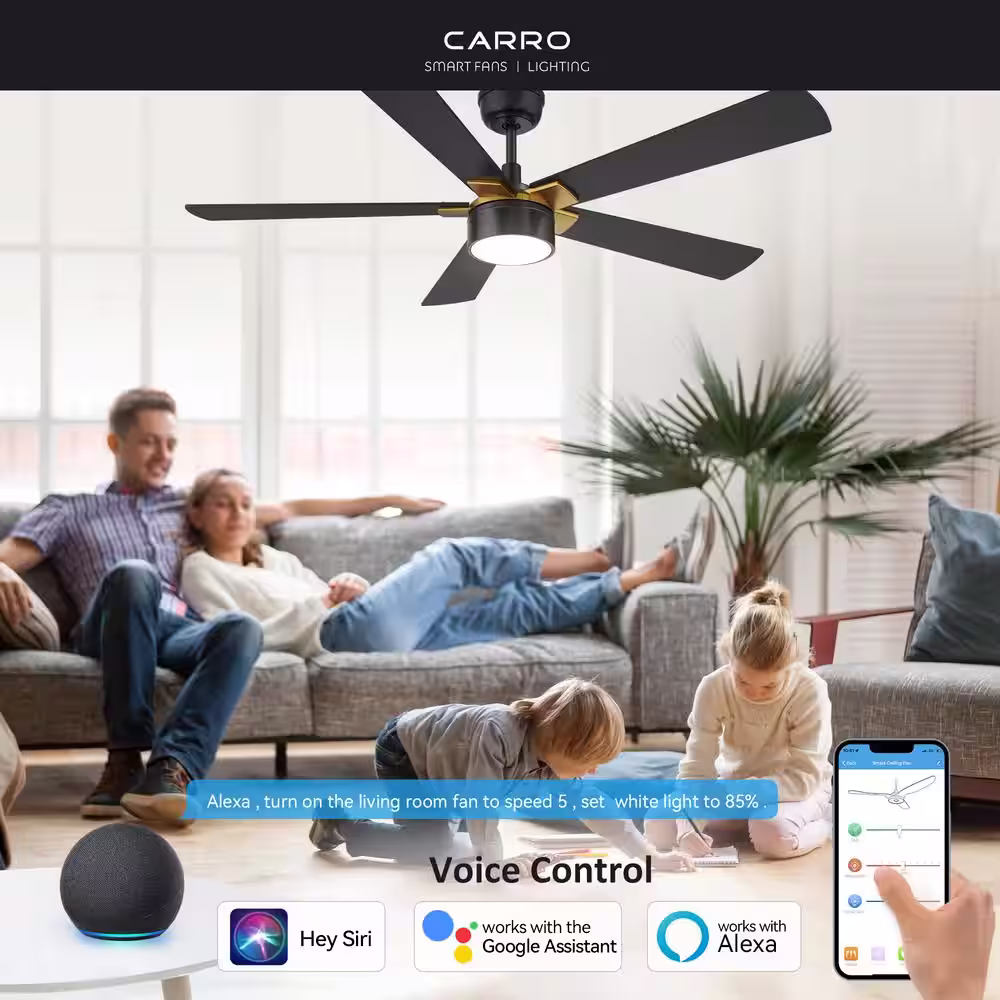 CARRO Granby 52 in. Integrated LED Indoor/Outdoor Black Smart Ceiling Fan with Light and Remote, Works with Alexa/Google Home