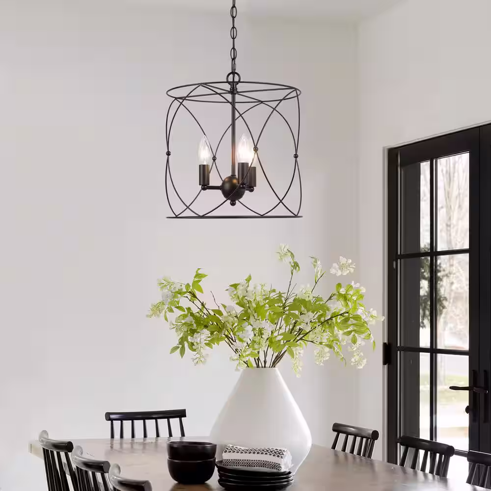 Uolfin Black Drum Dining Room Chandelier, 3-Light Modern Farmhouse Kitchen Cage Pendant Chandelier Light