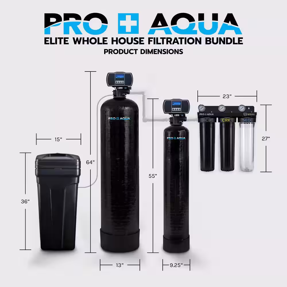 PRO+AQUA Whole House Well Water Filter System and Water Softener Bundle for Iron, Sulfur Odor, Sediment, Hardness Removal