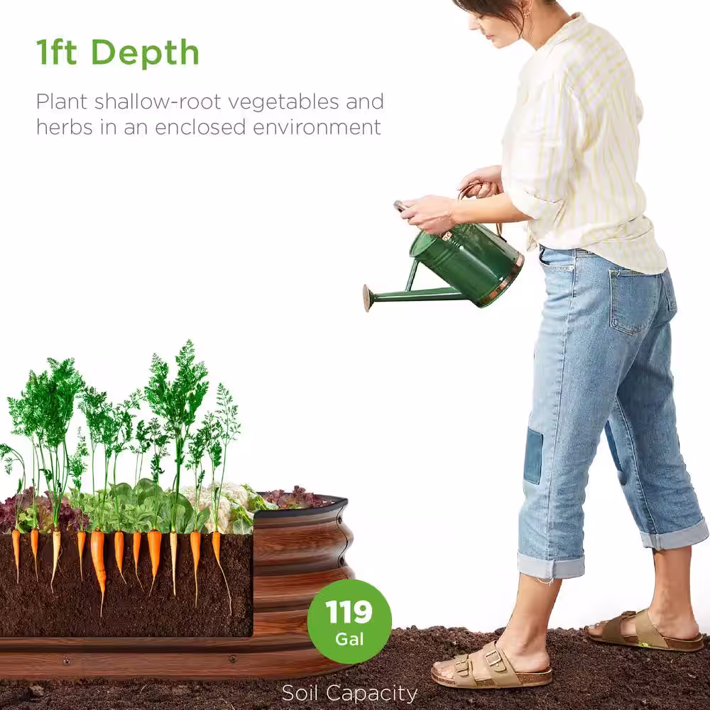None 8 ft. x 2 ft. x 1 ft. Oval Steel Raised Garden Bed, Planter Box for Vegetables, Flowers in Wood Grain