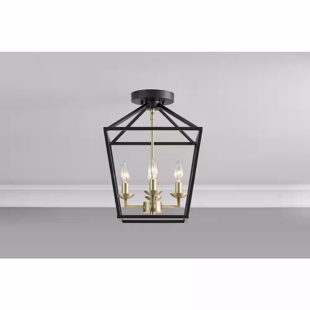 Home Decorators Collection Weyburn 16.5 in. 4-Light Black and Gold Farmhouse Semi-Flush Mount Ceiling Light Fixture with Caged Metal Shade