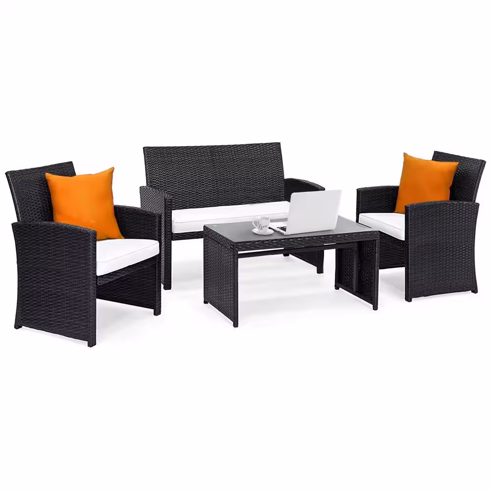 Costway Black 4-Piece Rattan Wicker Patio Conversation Set Sofa Table with Beige Cushions