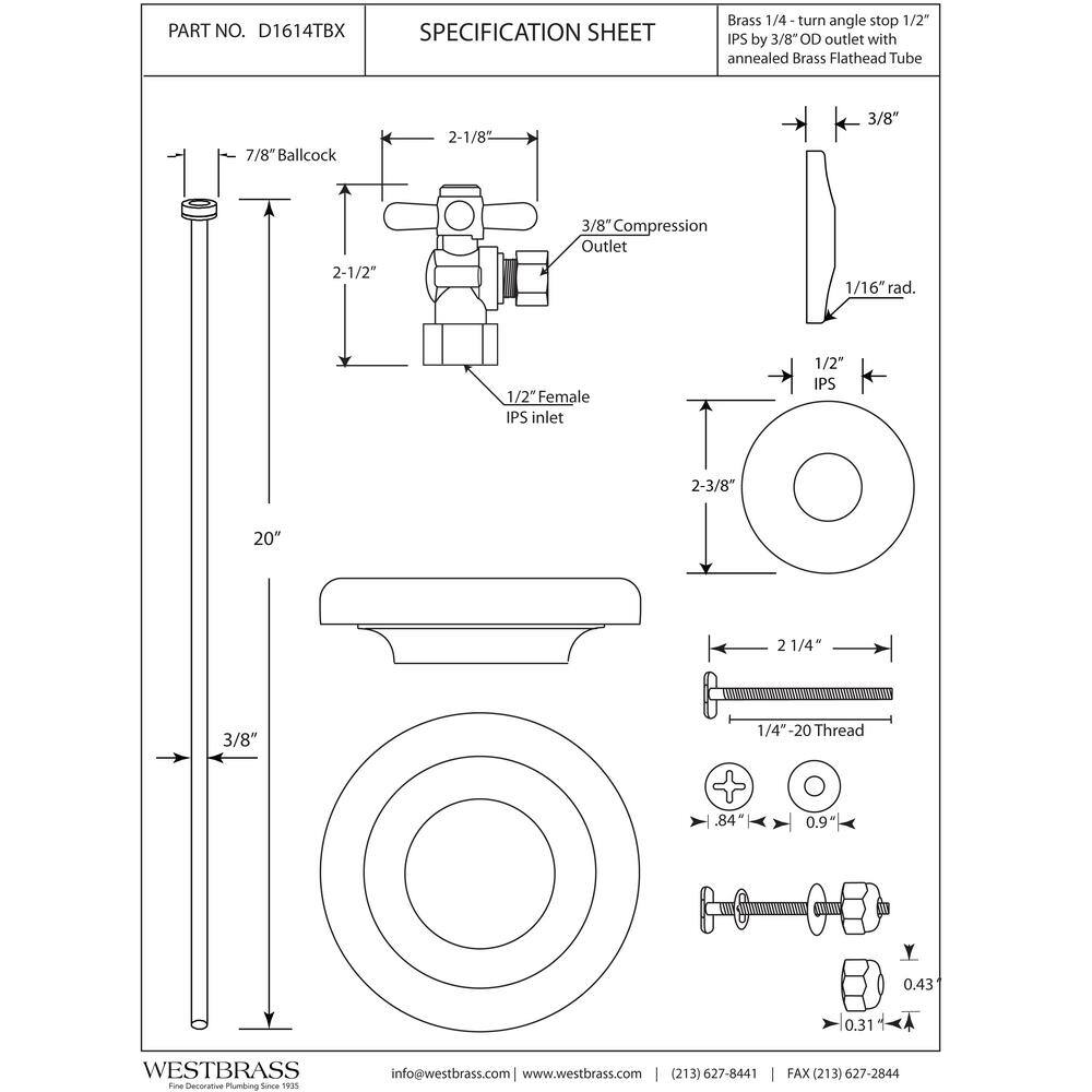Westbrass 1/2 in. Nominal Compression Cross Handle Angle Stop Toilet Installation Kit in Oil Rubbed Bronze