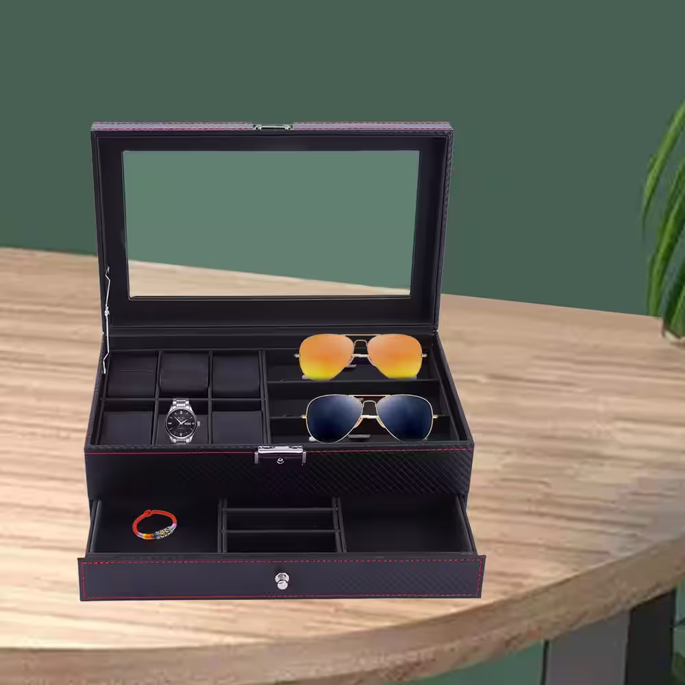 None Black Carbon Fiber Leather 6 Watch and 3 Eyeglasses Storage Box Jewelry Organizer Display Case