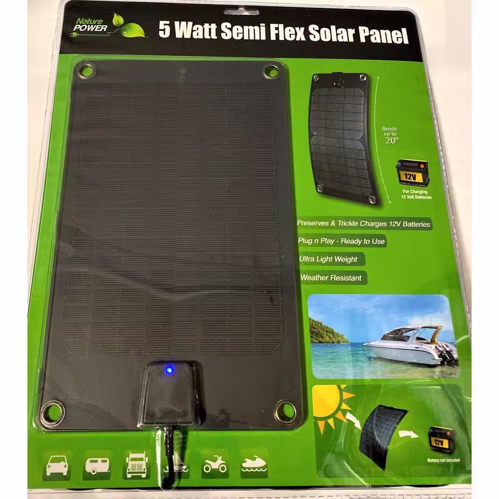 NATURE POWER 5-Watt Semi-Flex Monocrystalline Solar Panel and 12-Volt Battery Maintainer