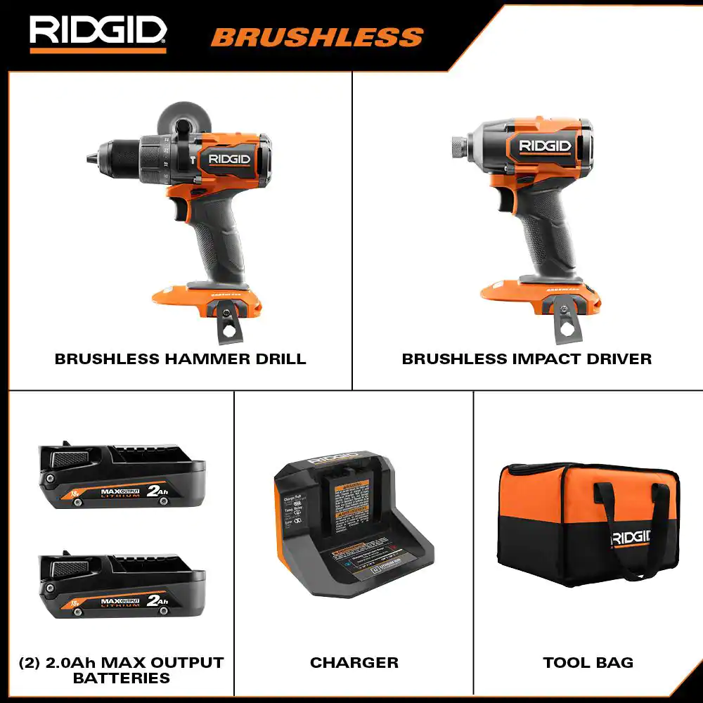 RIDGID 18V Brushless Cordless 2-Tool Combo Kit with Drill/Driver, Impact Driver, (2) Batteries, 18V Charger, and Tool Bag