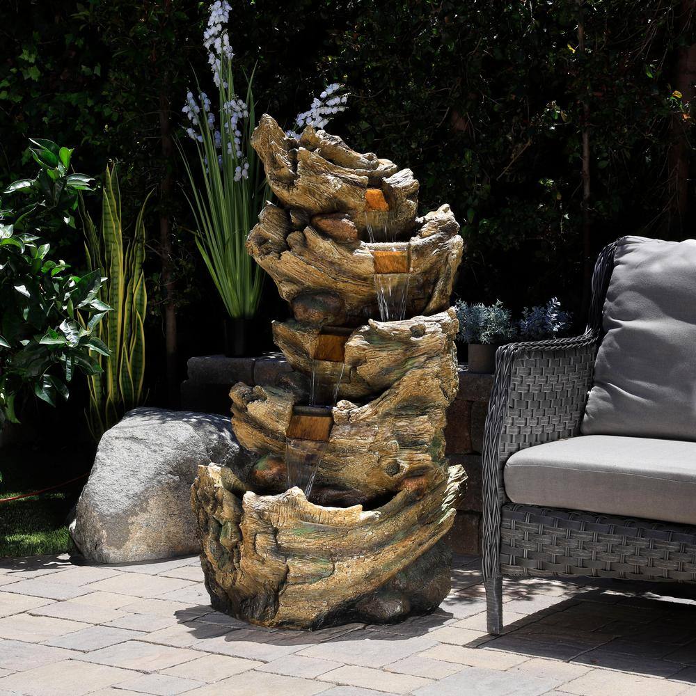 Alpine Corporation 47 in. Tall Outdoor 5-Tier Tree Trunk Waterfall Floor Fountain with LED Lights