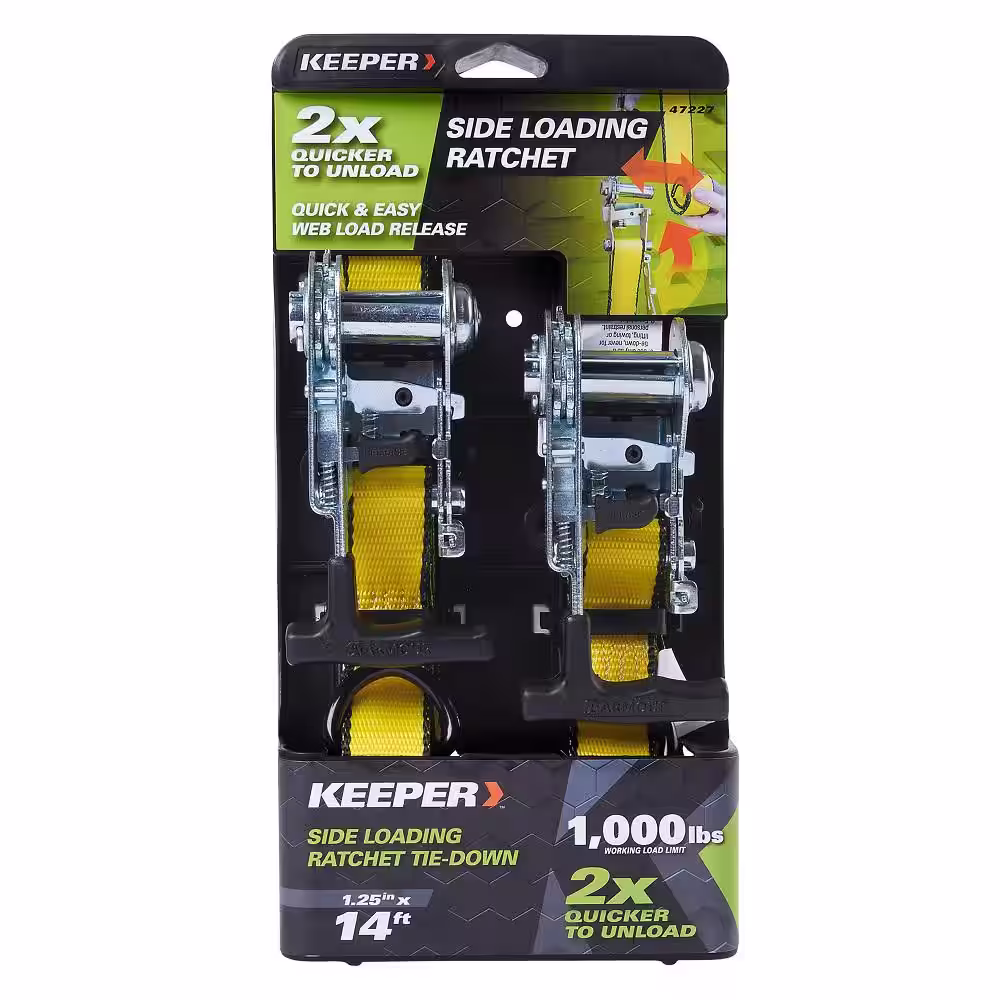 Keeper 1.25 in. x 14 ft. 1000 lbs. Side Loading Ratchet Tie Down Strap (2 Pack)
