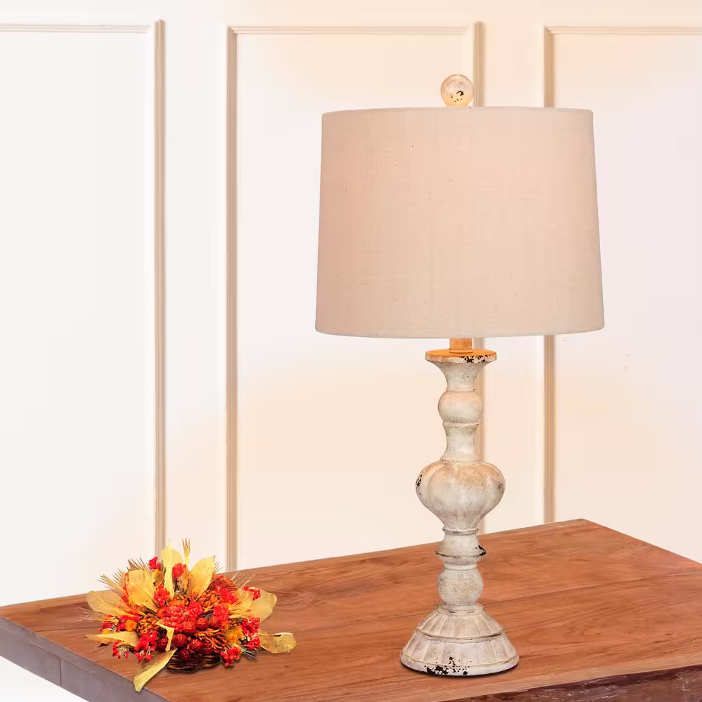 Fangio Lighting 26.5 in. Pair of Distressed Resin Table Lamps in a Cottage Antique White