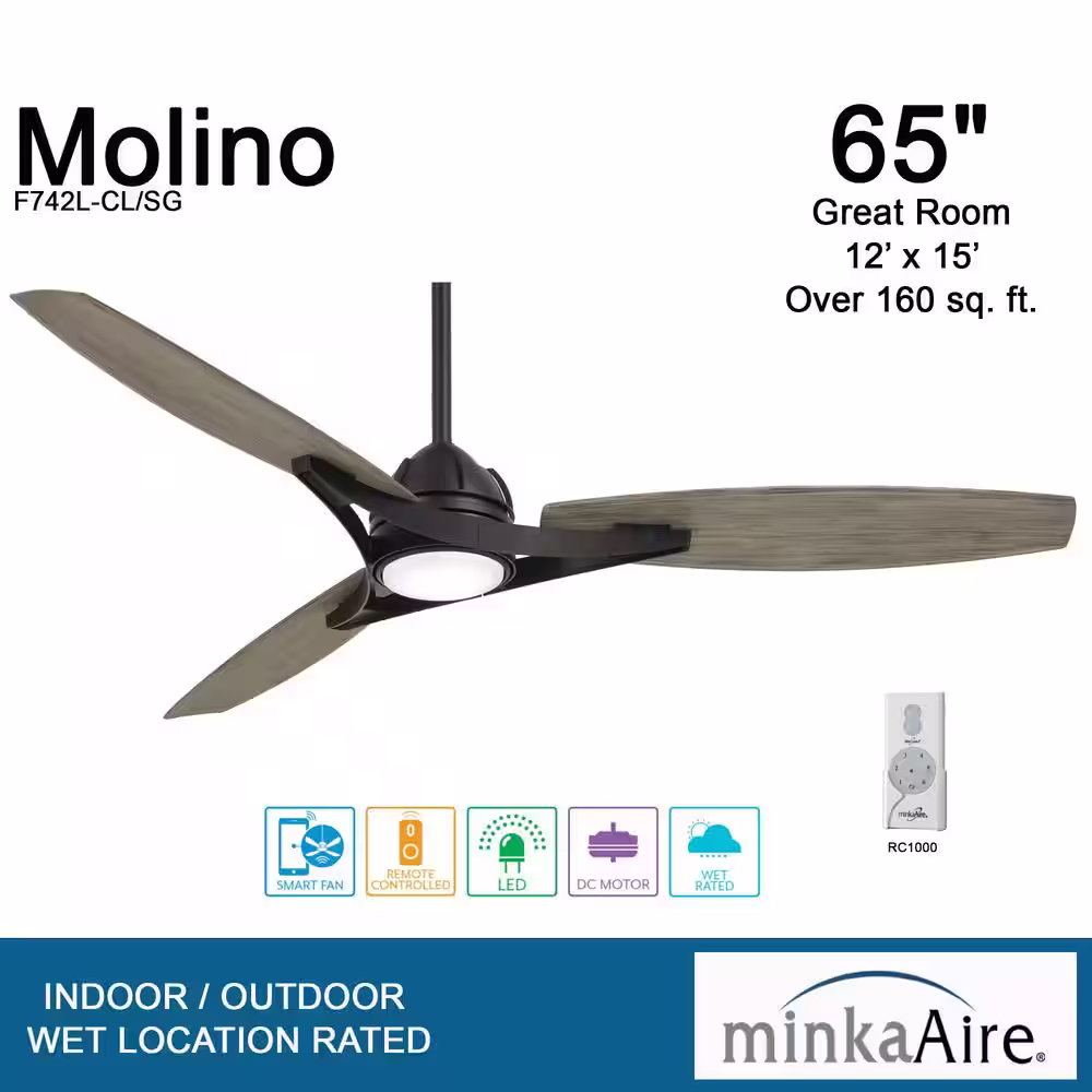 MINKA-AIRE Molino 65 in. Integrated LED Indoor/Outdoor Coal Smart Ceiling Fan with Light and Remote Control