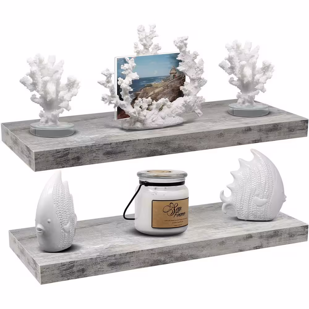 Sorbus 9 in. x 24 in. x 1.5 in. Rustic Gray Distressed Wood Decorative Wall Shelves with Brackets (2-Pack)
