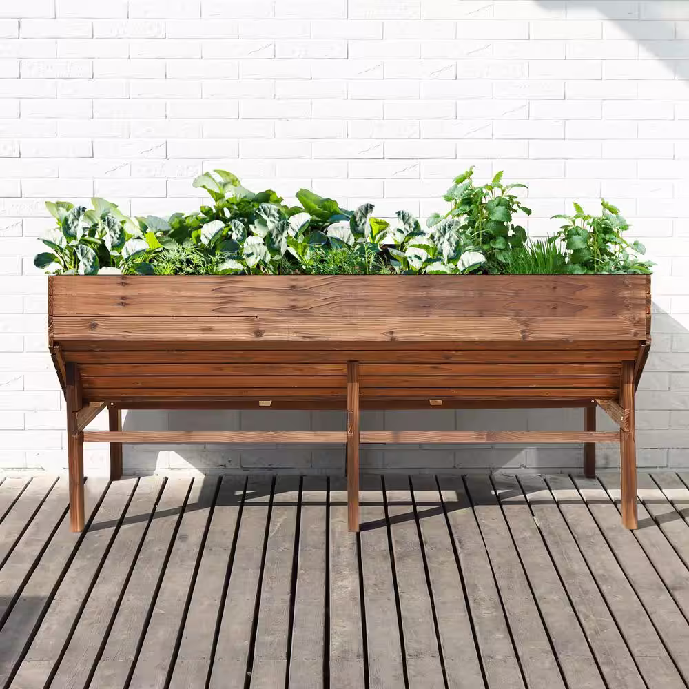 VEIKOUS 70 in. L Carbonized Oversized Wooden Raised Garden Bed With Funnel Design and Liner