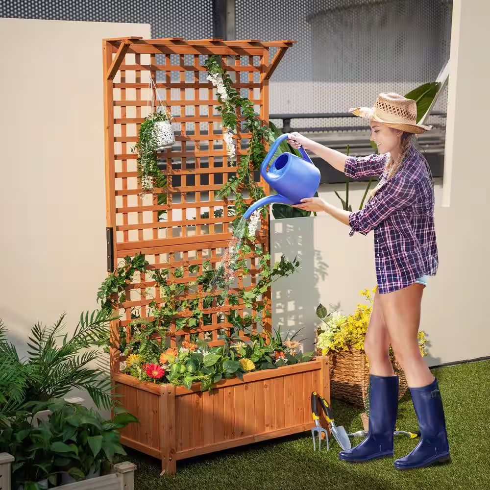 HONEY JOY Wood Raised Garden Bed with Trellis Indoor & Outdoor Plant Container with Hanging Roof Drainage Holes