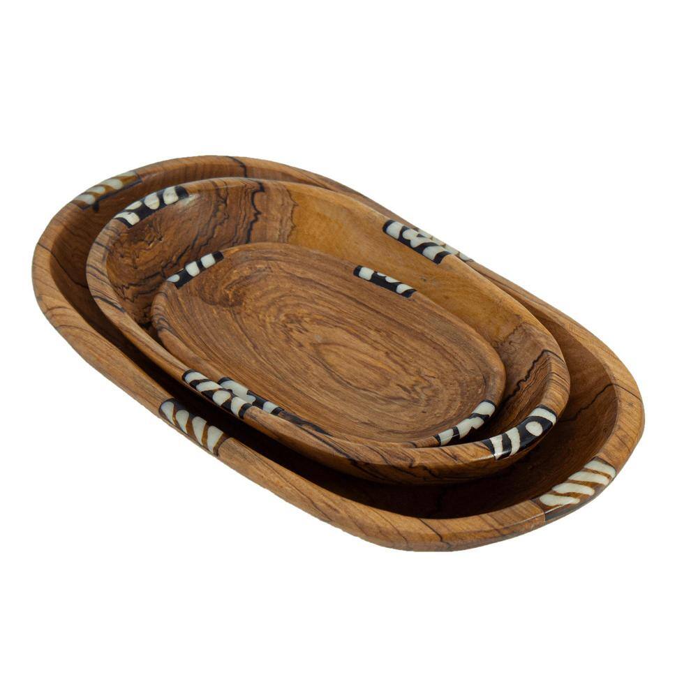 Global Crafts Nested Oval Olive Wood Brown Serving Bowls with Bone Inlay Accent