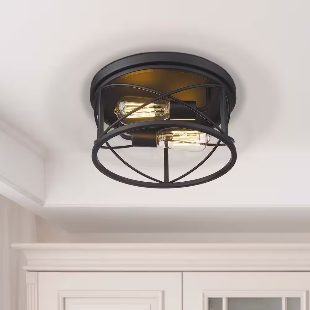 JAZAVA 11.8 in. 2-Light Black Finish Farmhouse Ceiling Flush Mount Light Fixture