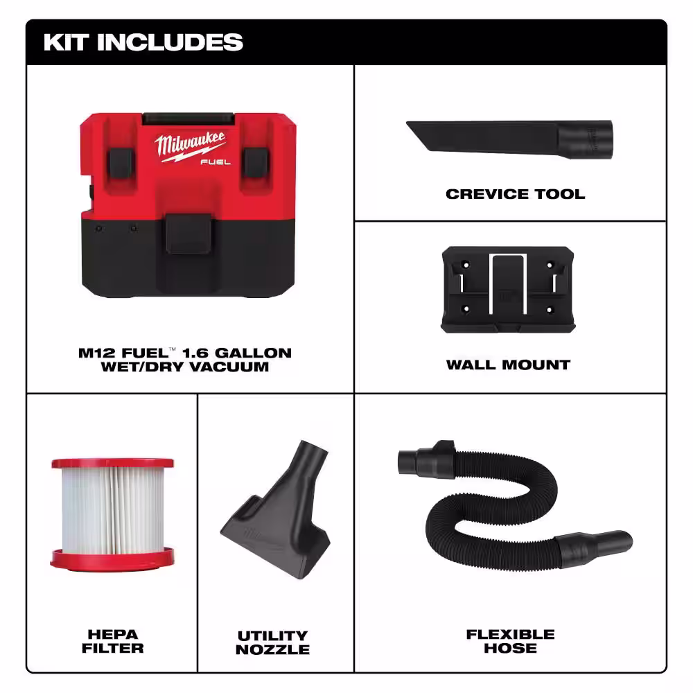 Milwaukee M12 FUEL 12-Volt Lithium-Ion Cordless 1.6 Gal. Wet/Dry Vacuum (Vacuum-Only) + M12 FUEL Multi-Tool Kit w/2.0 Ah Battery