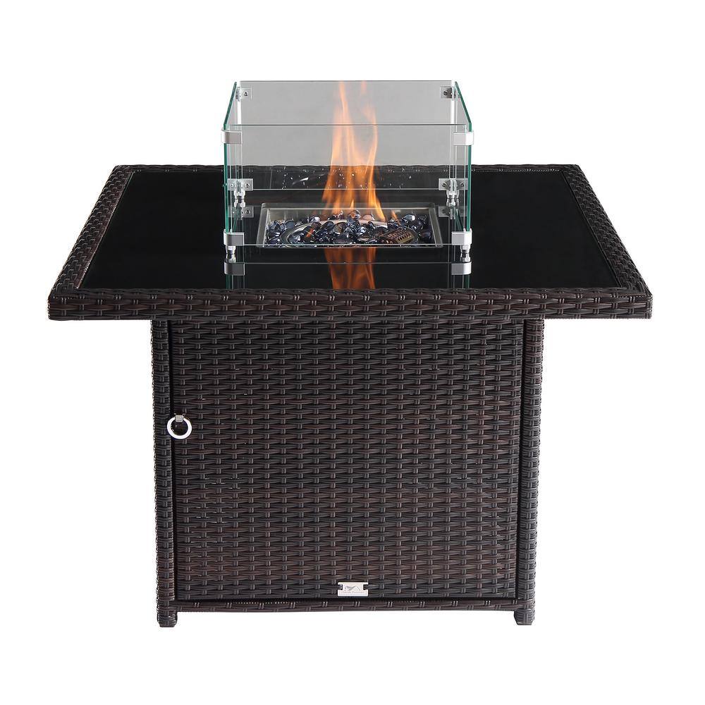 Oakville Furniture Hudson 36 in. Square Outdoor Brown Wicker Aluminum Propane Fire Pit Table in Tempered Glass w/Fire Glass
