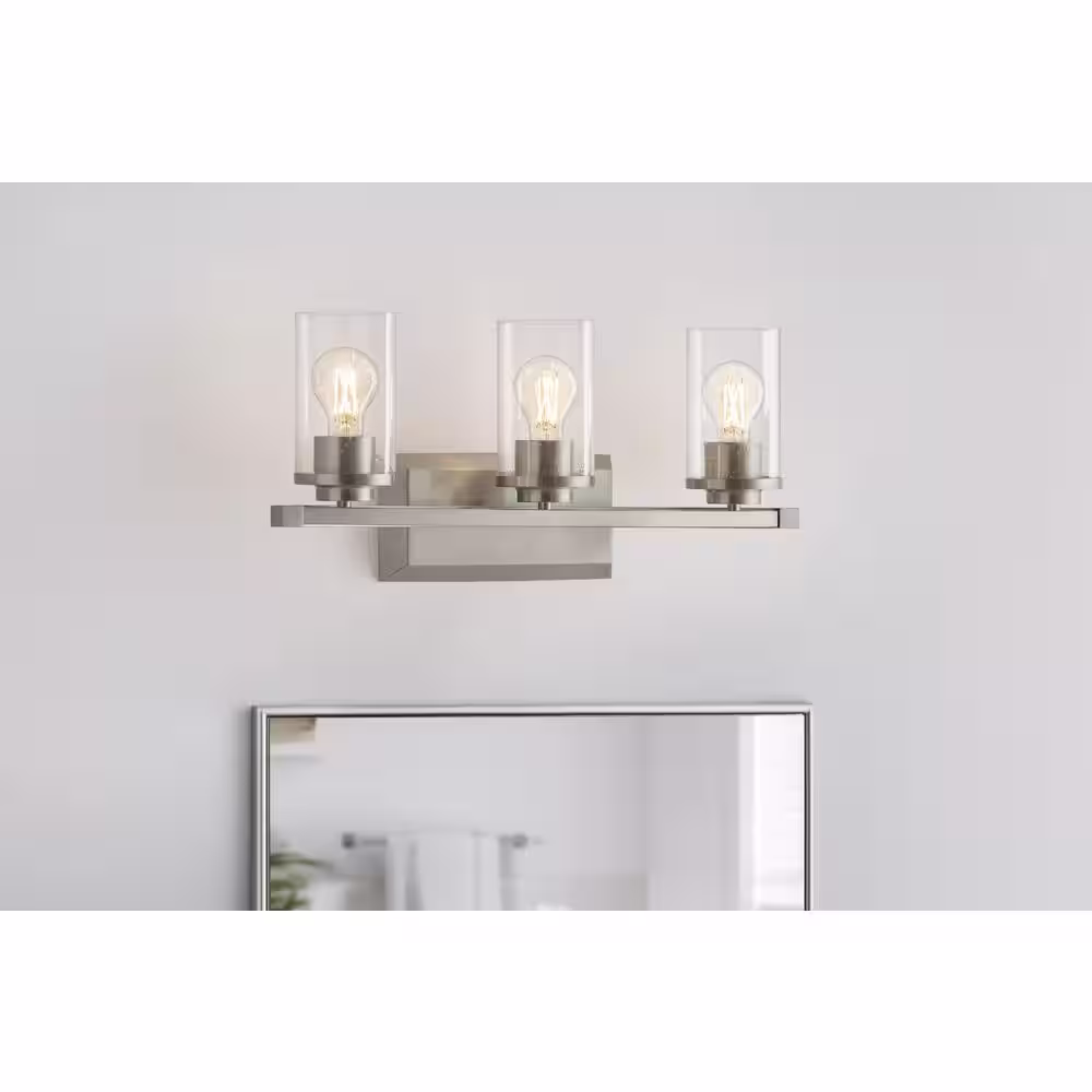 Hampton Bay Timpie 22 in. 3-Light Brushed Nickel Bathroom Vanity Light Fixture with Seeded Glass Shades