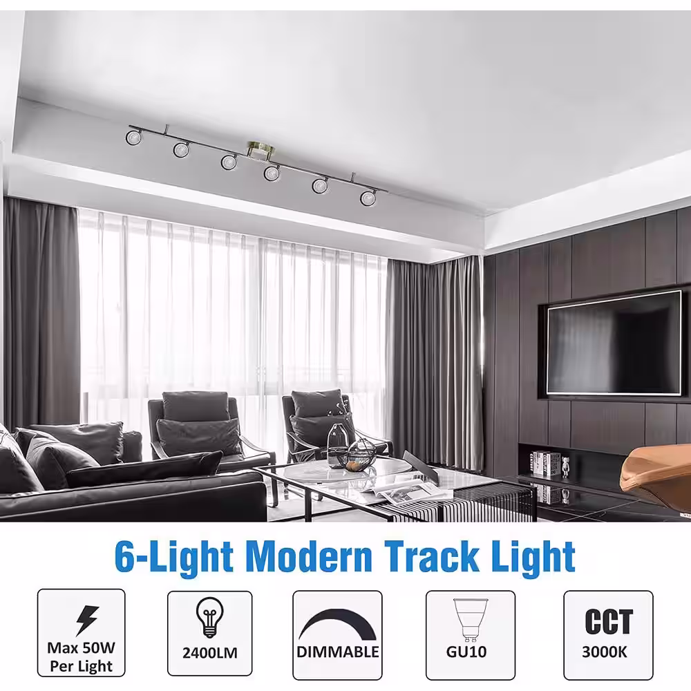 Lecoht 3.7 ft. 6-Light Brushed Nickle Hardwired Swivel Track Lighting Kit with Cylinder Head