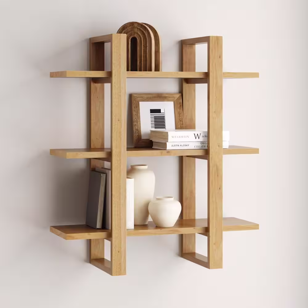 Nathan James Benji 32 in. 3 Tier Floating Wall Bookcase, Decorative Display Modular Shelf in Solid Wood, Natural Brown