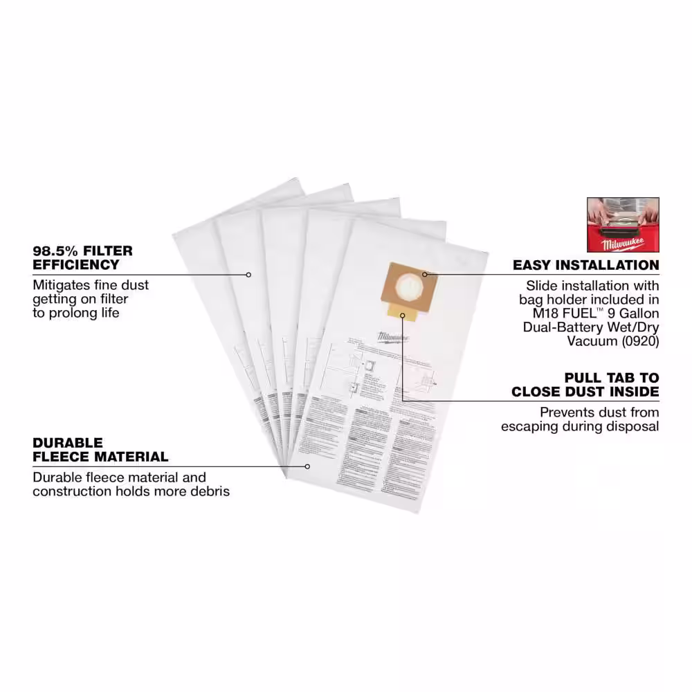 Milwaukee Fleece Dust Bags for 9 Gal. M18 FUEL Cordless Wet/Dry Shop Vacuums (5-Pack)