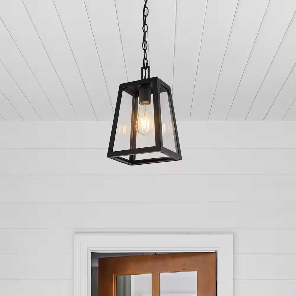 JONATHAN Y Glendale 6.75 in. 1-Light Black/Clear Outdoor LED Pendant Farmhouse Industrial Iron/Glass