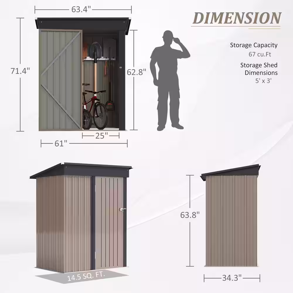 Tozey 3 ft. W x 5 ft. D Outdoor Storage Metal Shed Lockable Metal Garden Shed for Backyard Outdoor (14.5 sq. ft.)