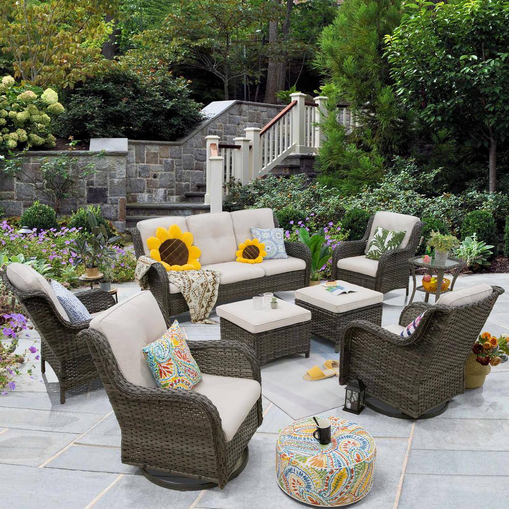 None 8-Piece Wicker Outdoor Patio Conversation Set with Beige Cushions and Swivel Rocking Chairs
