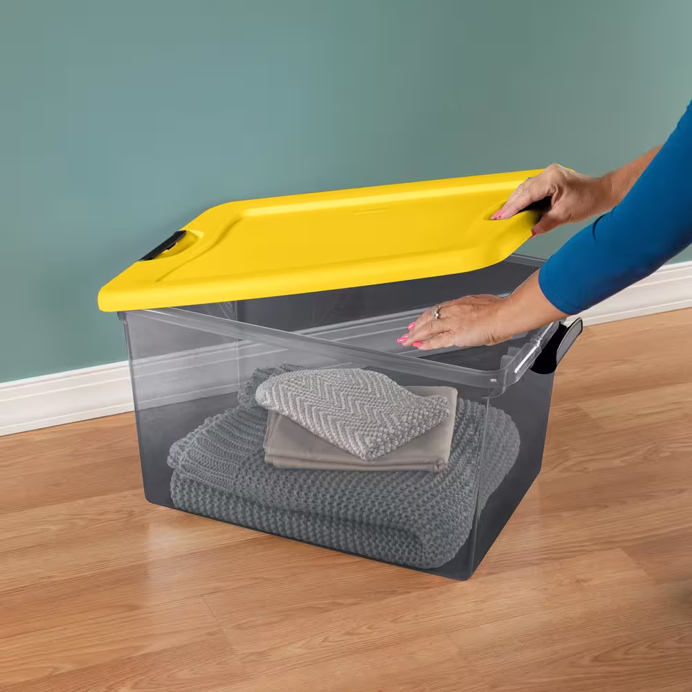 HDX 64 Qt. Latching Storage Box in Gray Tint with Yellow Lid