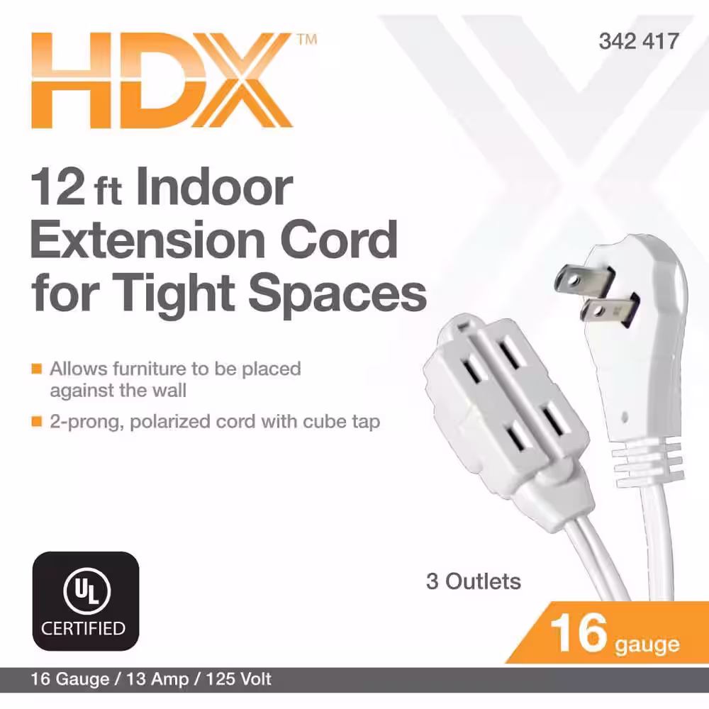 HDX 12 ft. 16/2 Light Duty Indoor Tight Space Extension Cord, White