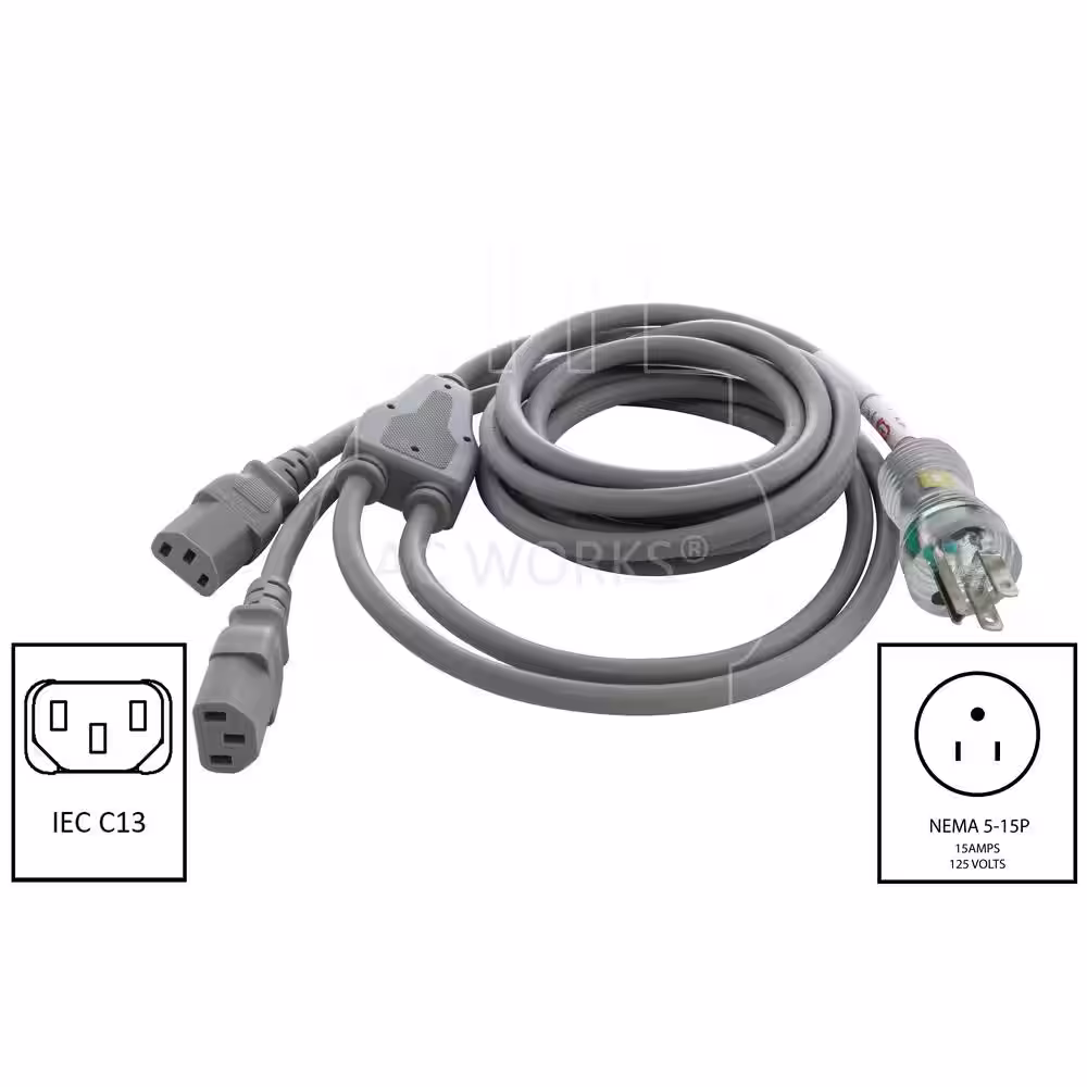 AC WORKS 10 ft. 10 Amp 18/3 Medical Grade Y-Cable with Two C13 Connectors