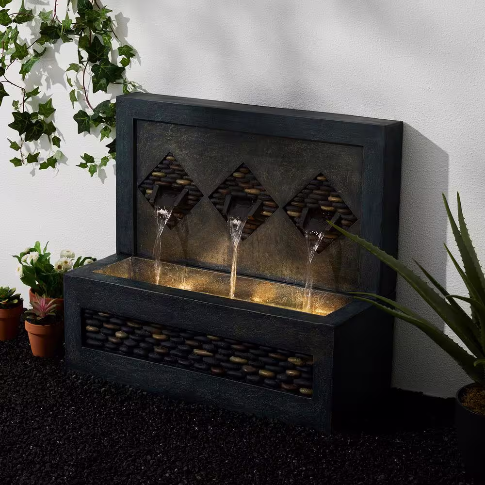 Glitzhome 30 in. L Oversized Outdoor Polyresin Tiered Fountain with LED Light and Pump (KD)