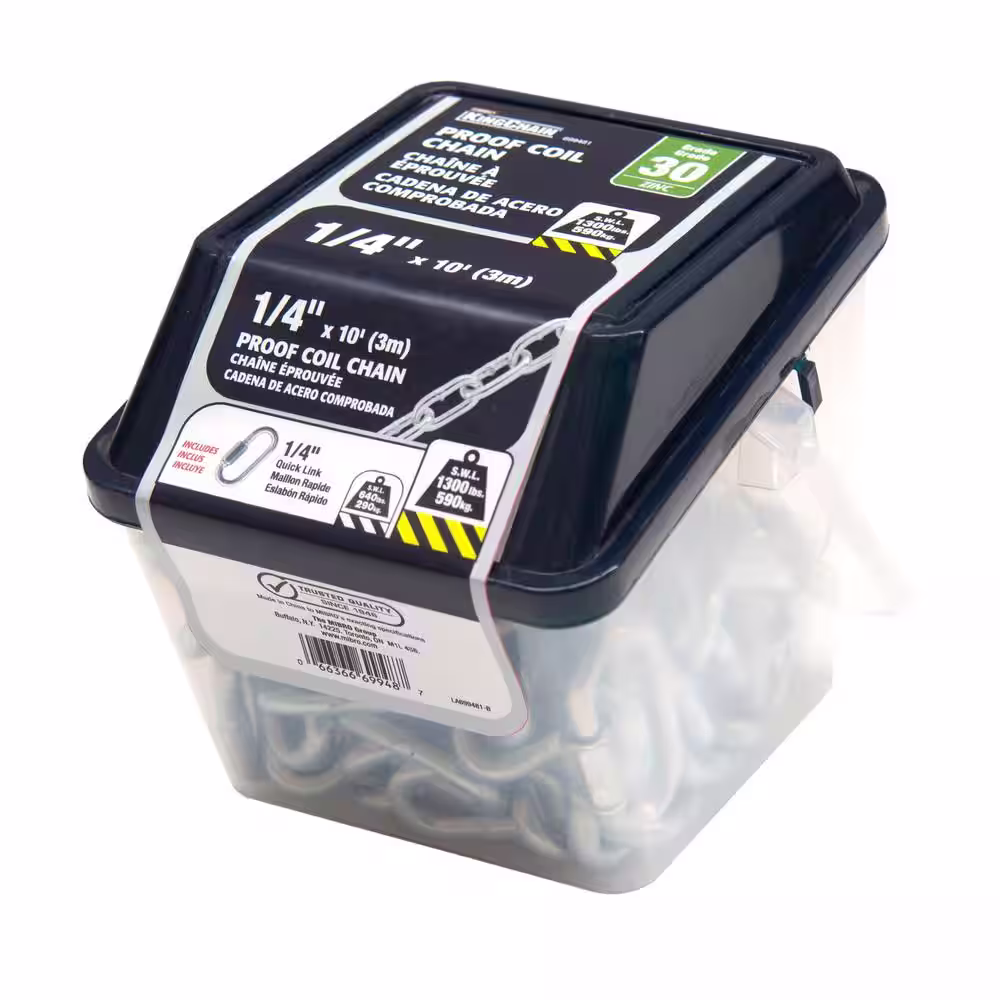 KingChain 1/4 in. x 10 ft. Zinc Plated Grade 30 Proof Coil Chain with 1/4 in. Quick Link Grab N Go Plastic Tub