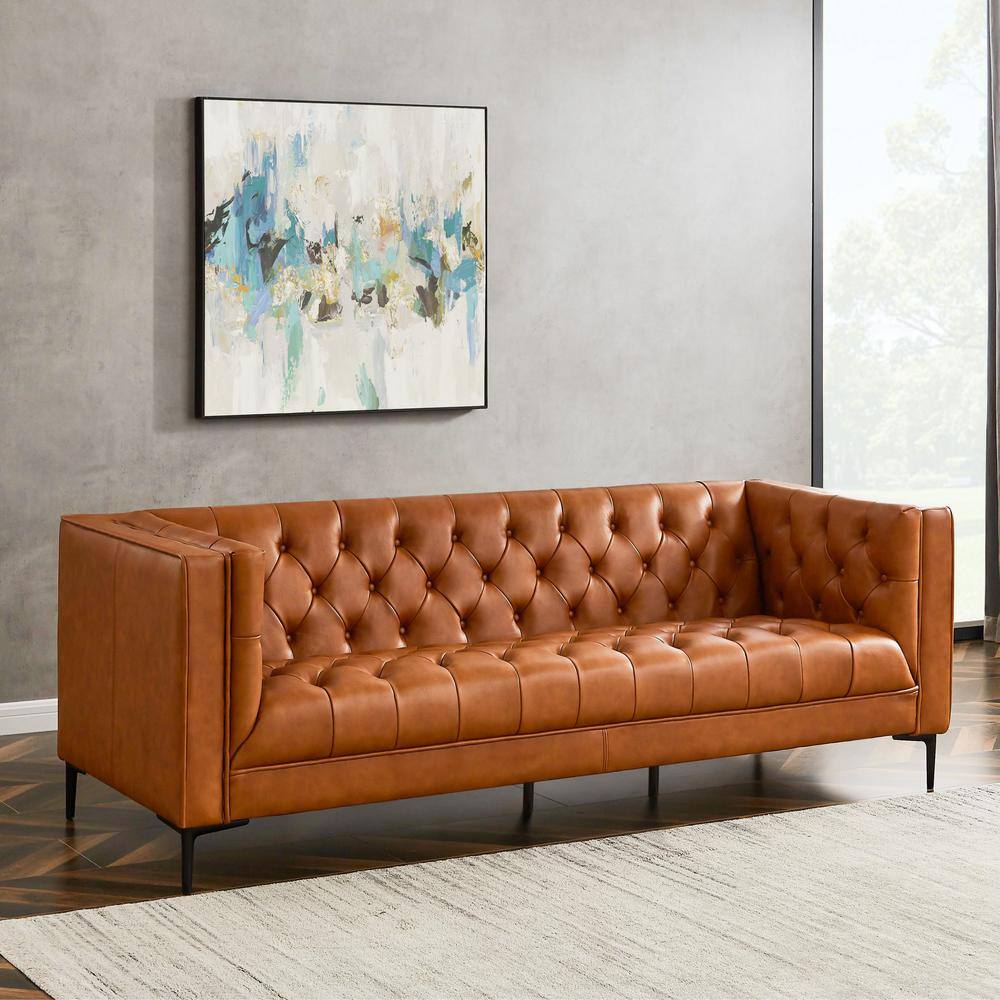 Ashcroft Furniture Co Hector 88 in. W Square Arm Modern Chesterfield Genuine Leather Sofa in Brown Cognac Tan
